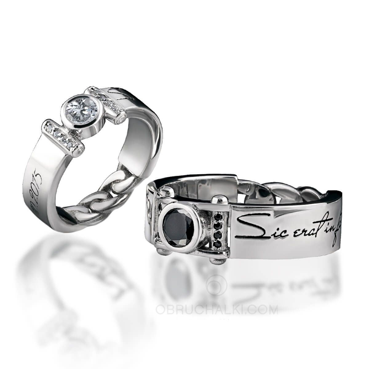 Парные обручальные кольца с черным бриллиантом DARK PRINCE на заказ из белого и желтого золота, серебра, платины или своего металла