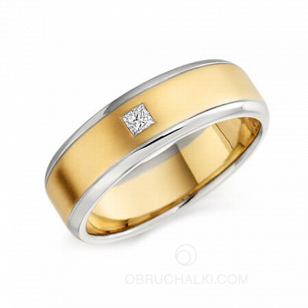 Мужское обручальное кольцо комбинированное с квадратным бриллиантом на заказ фото