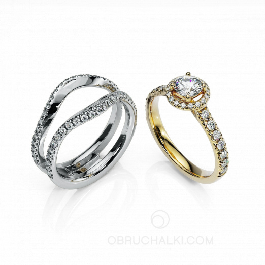 Помолвочное и обручальное кольцо из комбинированного золота с бриллиантами HALO на заказ фото 2