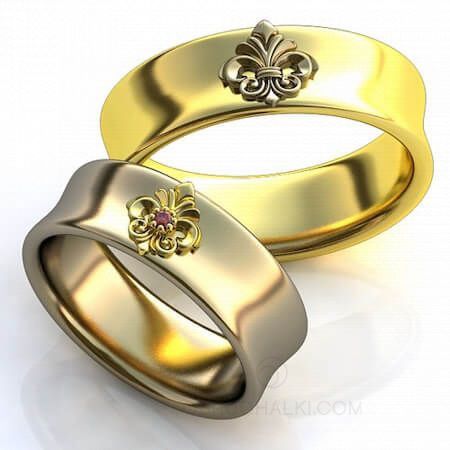 Свадебные кольца Лилии с вогнутым профилем и рубином на заказ фото