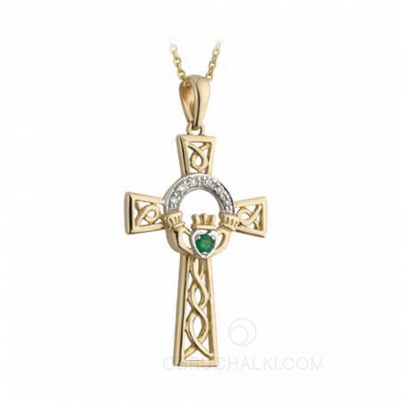 Необычный резной крест с кельтским узором с изумрудом и бриллиантами на заказ фото