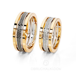 Широкие парные обручальные кольца с черными и белыми бриллиантами GORGEOUS COMBO  фото