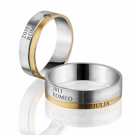 Парные обручальные комбинированные кольца с гравировкой Ваших имен на заказ фото 2