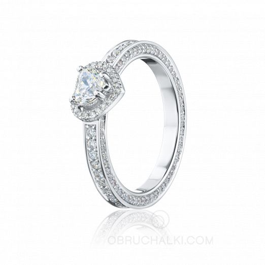 Помолвочное кольцо с бриллиантом в форме сердца и россыпью бриллиантов LOVE IS... на заказ фото