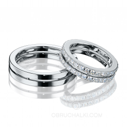 Парные обручальные кольца с двумя бриллиантовыми дорожками в кольце невесты COMBO DUET  фото