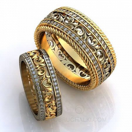Парные обручальные кольца с растительным орнаментом и дорожками из бриллиантов IRISES на заказ фото 2
