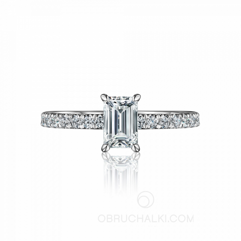 Помолвочное кольцо из белого золота с крупным бриллиантом огранки эмеральд и дорожкой бриллиантов EMERALD AVENUE