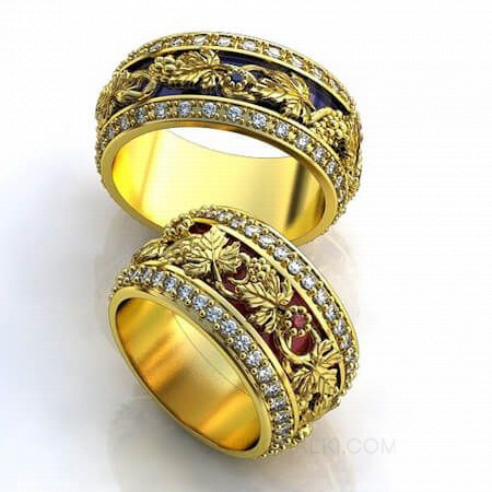 Обручальные кольца с орнаментом Виноград бриллиантами и эмалью VINE LEAVES на заказ фото