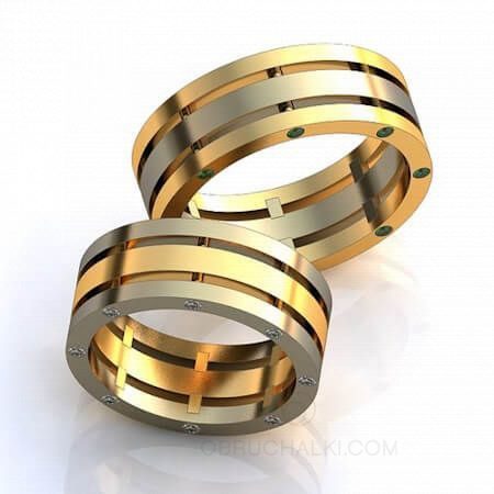 Стильные обручальные комбинированные кольца с бриллиантами и изумрудами  на заказ фото 2