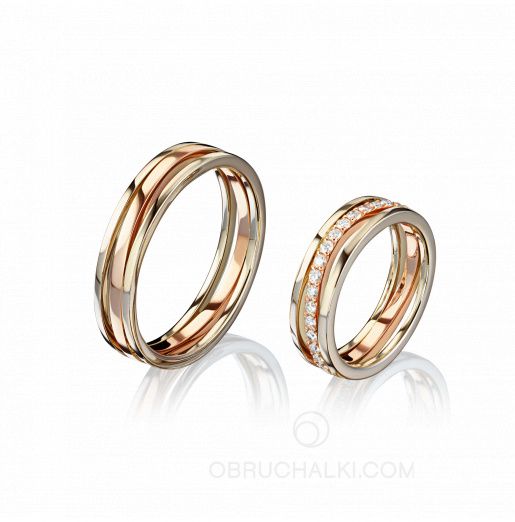 Двухцветные обручальные кольца с волнообразной бриллиантовой дорожкой на заказ фото 4