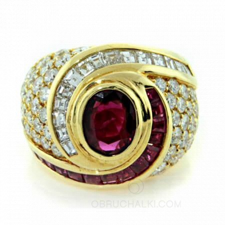 Чарующее кольцо с овальным самоцветом бриллиантами и рубинами на заказ фото