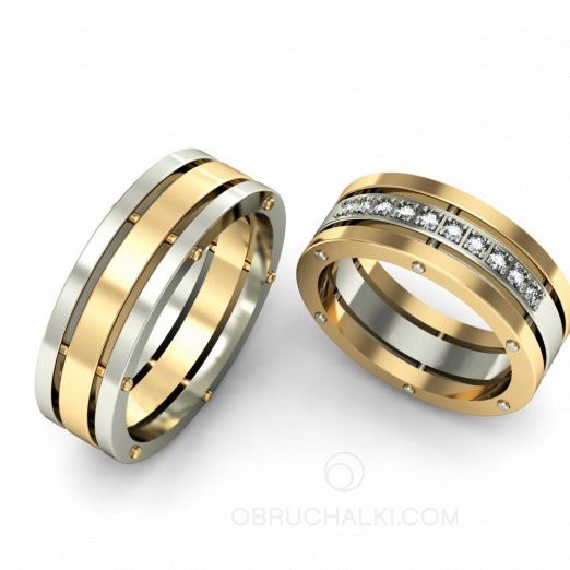Обручальные комбинированные кольца с бриллиантами на заказ фото