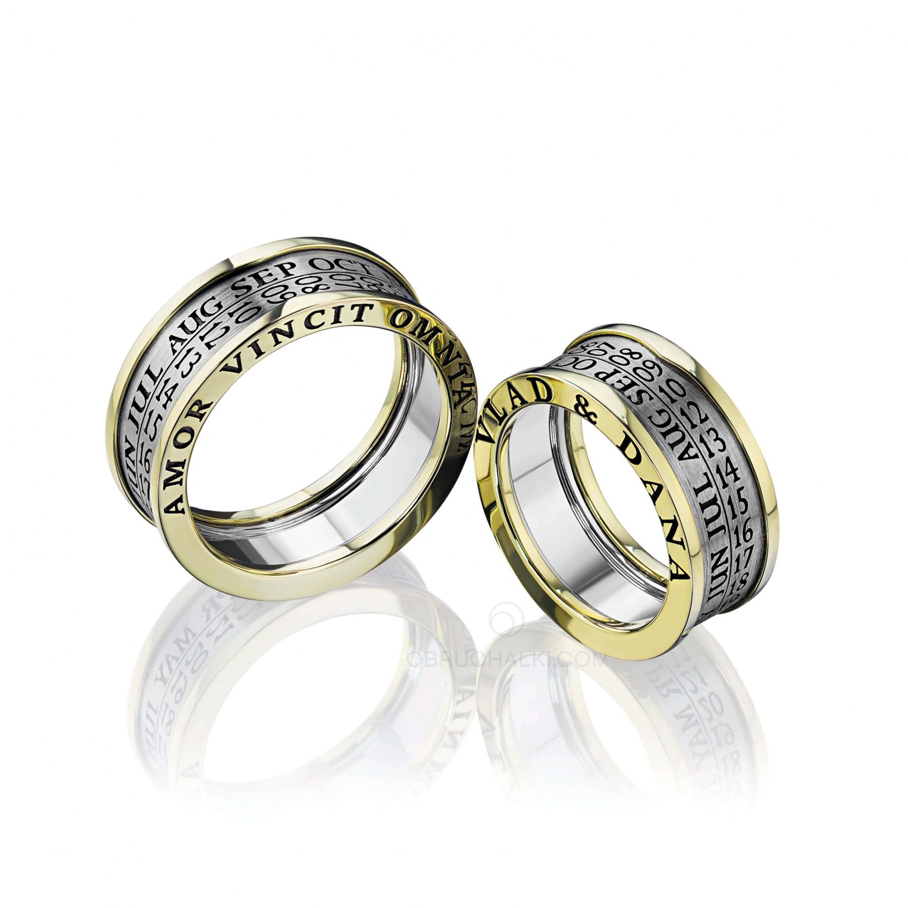 Парные обручальные кольца с датой CALENDAR на заказ из белого и желтого золота, серебра, платины или своего металла