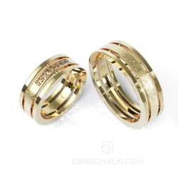Широкие парные обручальные кольца из желтого золота с коньячными бриллиантами COMBO ICE COGNAC DIAMONDS фото