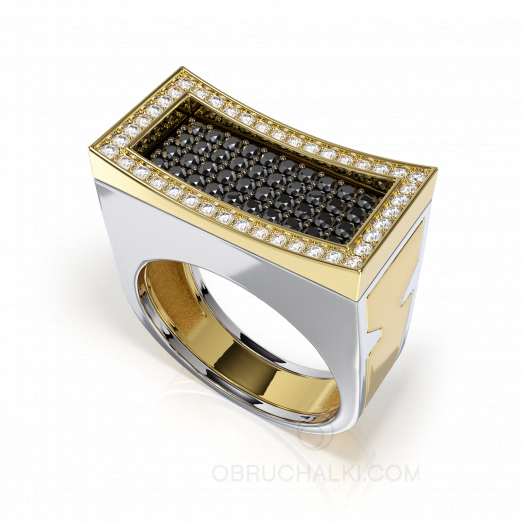 Мужская печатка-трансформер SECRET из комбинированного золота с белыми и черными бриллиантами на заказ фото