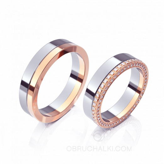 Обручальные комбинированные кольца с бриллиантами белое и цветное золото HAPPY MARRIAGE на заказ фото