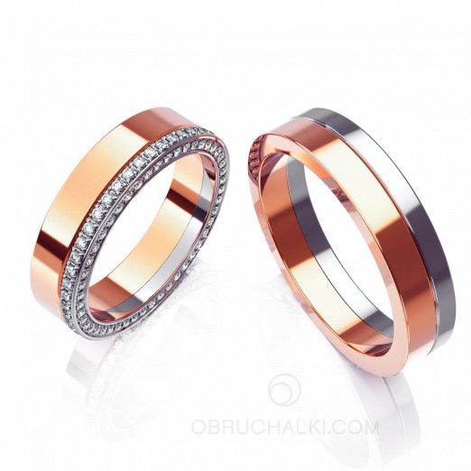 Обручальные комбинированные кольца с бриллиантами белое и цветное золото HAPPY MARRIAGE на заказ фото 2