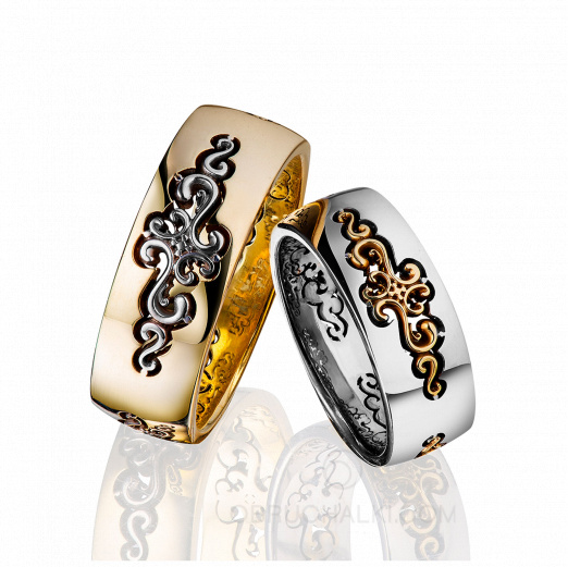 Обручальные комбинированные кольца с резным узором FLORAL ORNAMENT на заказ фото