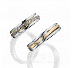 Двухцветные обручальные кольца с волнообразной бриллиантовой дорожкой фото