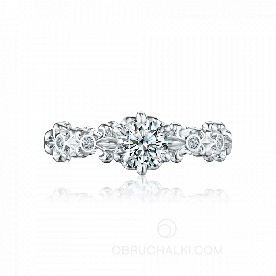 Ажурное кольцо для девушки на помолвку с бриллиантом FLEUR DE LIS